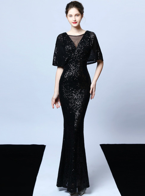 In Stock:Ship in 48 Hours Black Mermaid Sequins Bat Sleeve Prom Dress