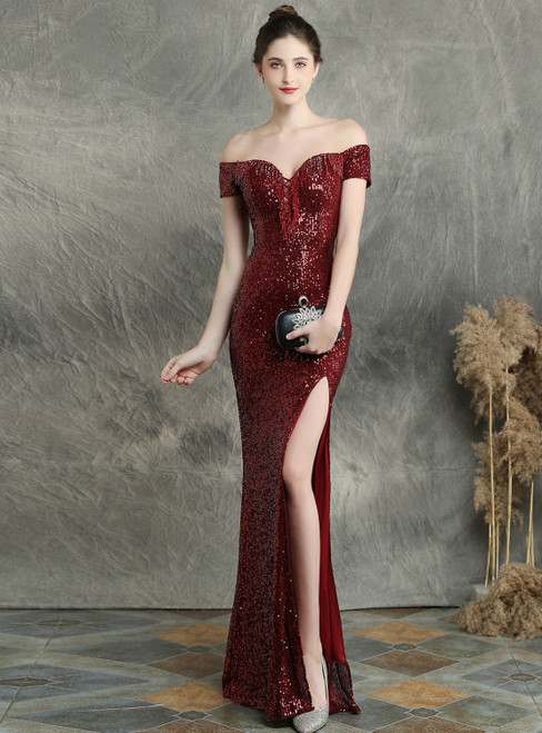 Wide Range Of In Stock:Ship in 48 Hours Burgundy Mermaid Off the Shoulder Prom Dress With Split