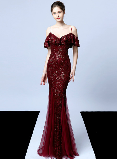 The Best Discount In Stock:Ship in 48 Hours Burgundy Mermaid Sequins Spaghetti Straps Prom Dress