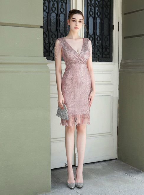 Get a Prom-Ready Look In Stock:Ship in 48 Hours Pink Sequins V-neck Beading Short Prom Dress