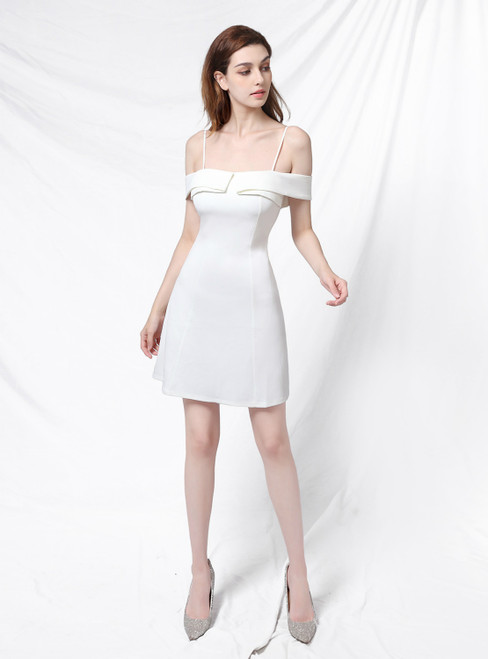 Available In Sizes 0-24 In Stock:Ship in 48 Hours White Satin Spaghetti Straps Short Prom Dress
