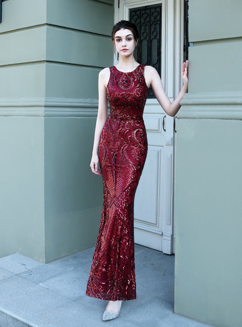 Fit Your Body Type In Stock:Ship in 48 Hours Sexy Burgundy Mermaid Sequins Backless Prom Dress