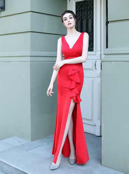 In Stock:Ship in 48 Hours Red Mermaid V-neck Ruffles Prom Dress