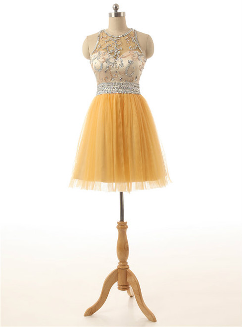 Short Yellow Tulle Prom Party Dresses A Line Homecoming Dresses Sequins Beading