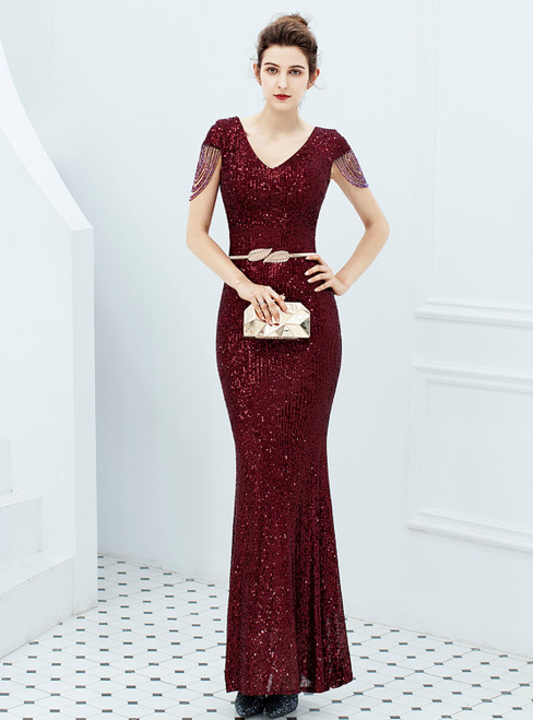 In Stock:Ship in 48 Hours Burgundy Mermaid Sequins Beading V-neck Prom Dress