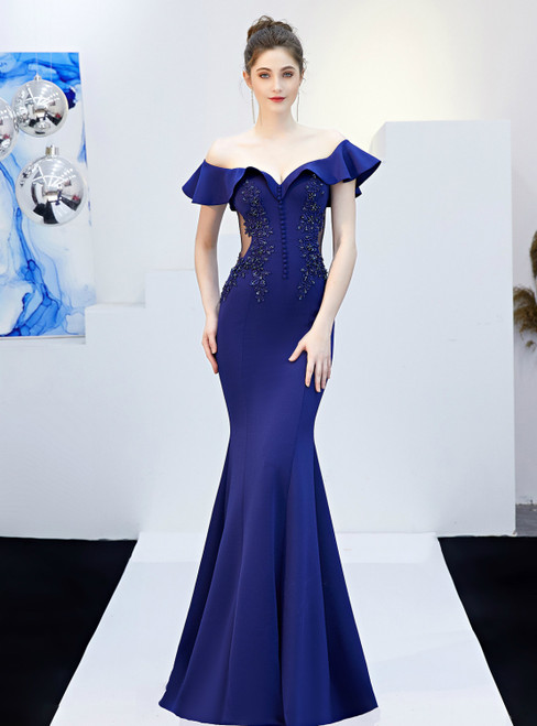 In Stock:Ship in 48 Hours Navy Blue Mermaid Off the Shoulder Appliques Prom Dress