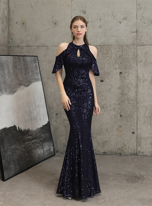 In Stock:Ship in 48 Hours Cheap Navy Blue Sequins Mermaid Prom Dress