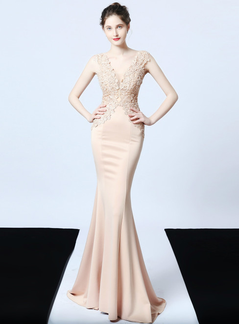 In Stock:Ship in 48 Hours Champagne V-neck Mermaid Satin Appliques Beading Prom Dress