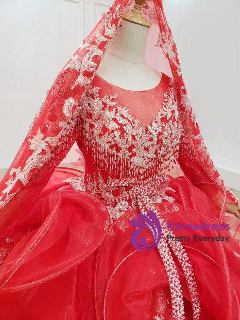 Red Tulle V-neck Long Sleeve Appliques Beading Wedding Dress Ball Gown Y53 main image 1