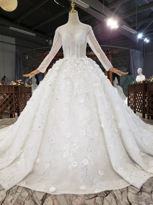 Ivory Ball Gown Tulle Long Sleeve Beading Sequins Appliques Wedding Dress