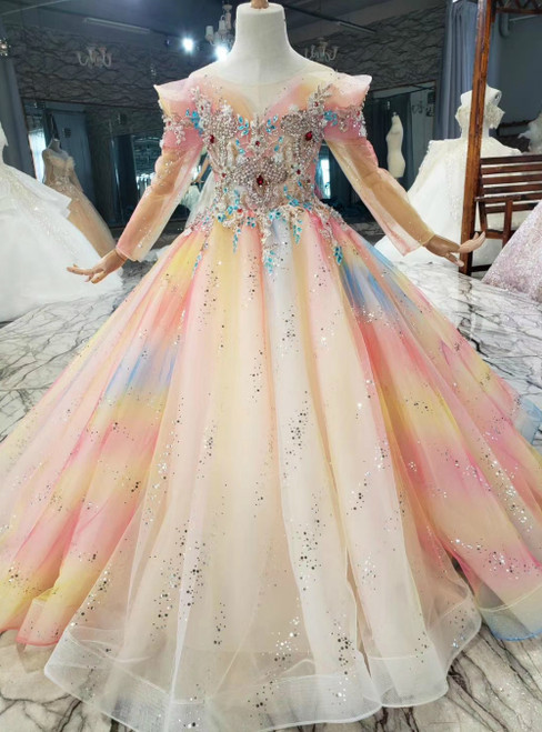 Colorful Tulle Sequins Long Sleeve Beading Crystal Flower Girl Dress