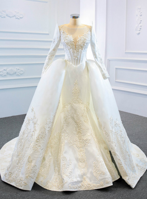 White Mermaid Satin Appliques Long Sleeve Beading Wedding Dress