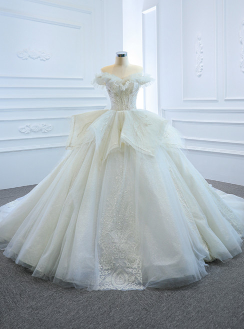 White Ball Gown Tulle Sequins Appliques Off the Shoulder Wedding Dress