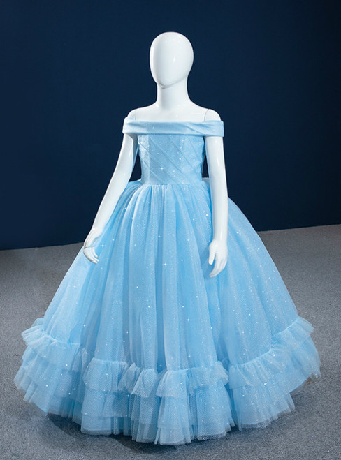 Blue Ball Gown Tulle Off the Shoulder Sequins Flower Girl Dress
