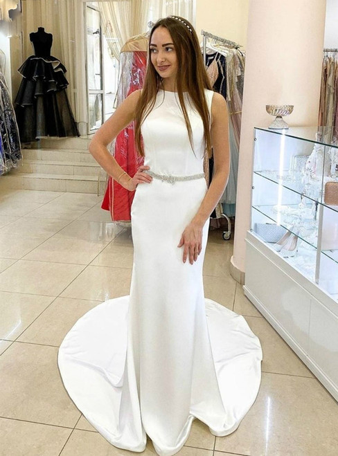 Simple White Mermaid Satin Sleeveless Beading Wedding Dress