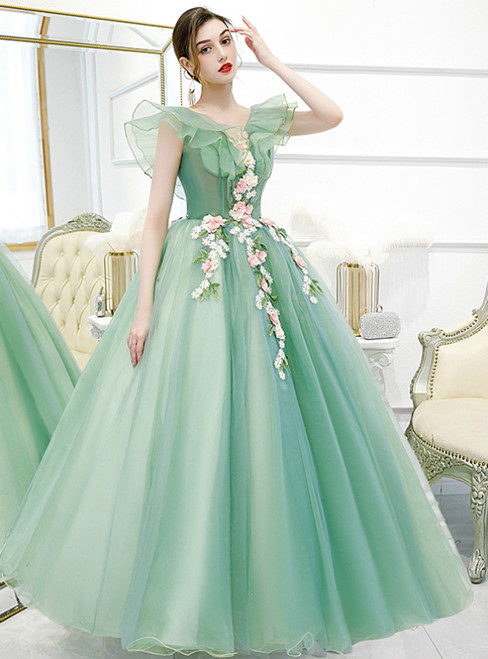 Stand Out With In Stock:Ship in 48 Hours Green Ball GownTulle Appliques Quinceanera Dress