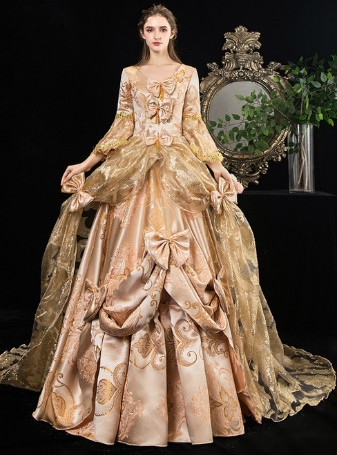 Gold Ball Gown Long Sleeve Embroidery Drama Show Vintage Gown Dress