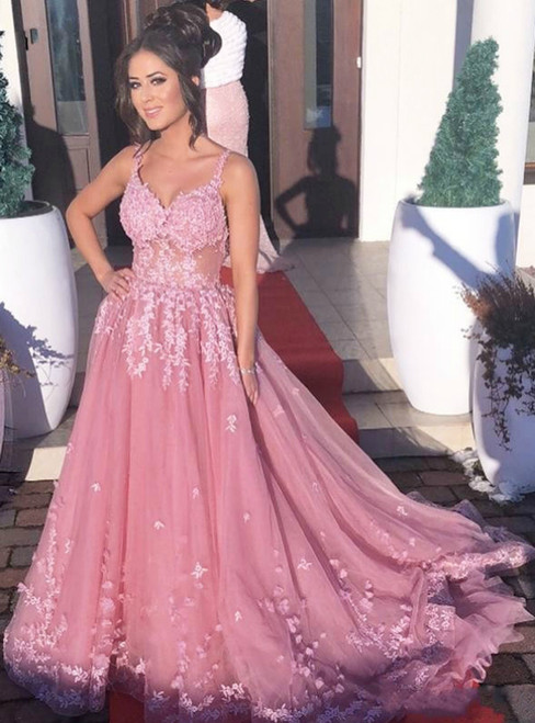 Enjoy The Pink Spaghetti Straps Backless Tulle Appliques Prom Dress