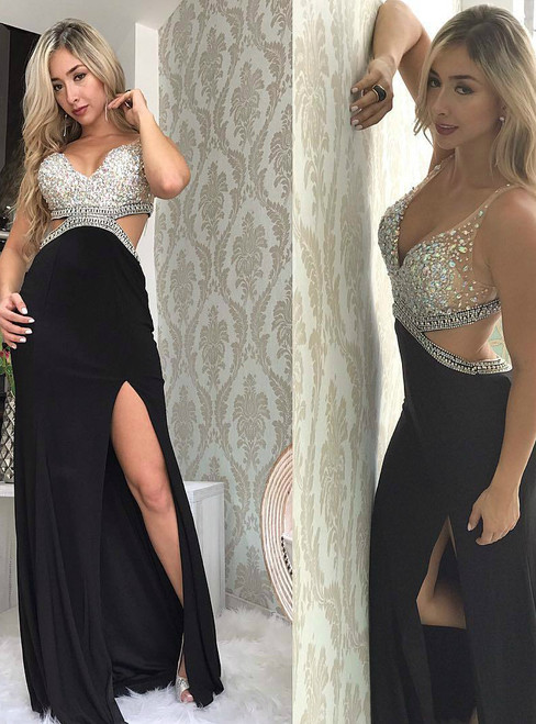 Long Deep V-Neck Jeweled Prom Dress with Cut Outs and Side Slit