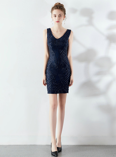 Shop For The Perfect In Stock:Ship in 48 Hours Navy Blue Sequins V-neck Short Party Dress
