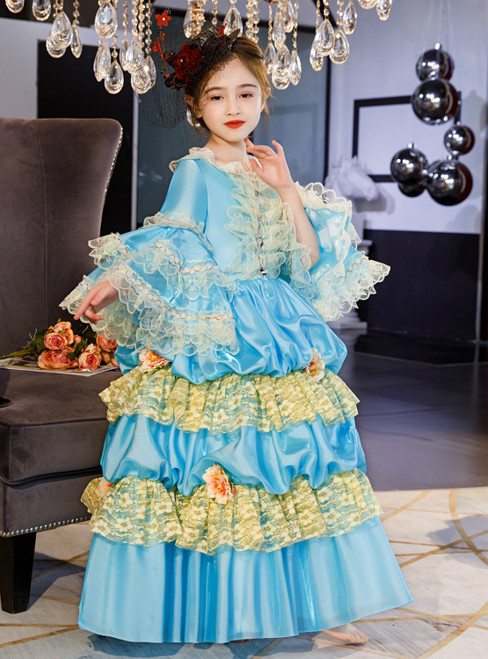 Sky Blue Ball Gown Satin Lace Long Sleeve Antonietta Costume Dress