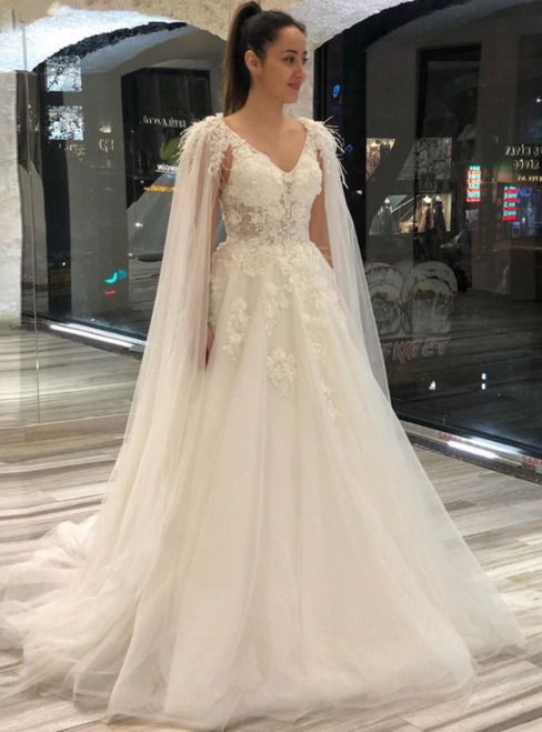 A-Line Tulle V-neck Appliques Long Wedding Dress Bridal Gown