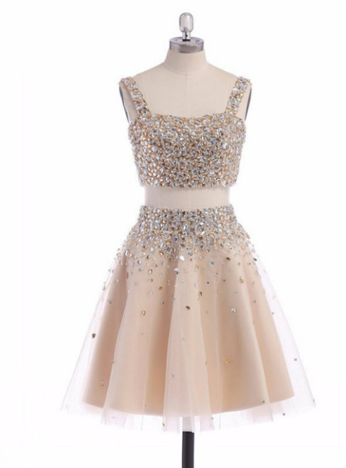 A-line Sleeveless Short Straps Crystal Homecoming Dress