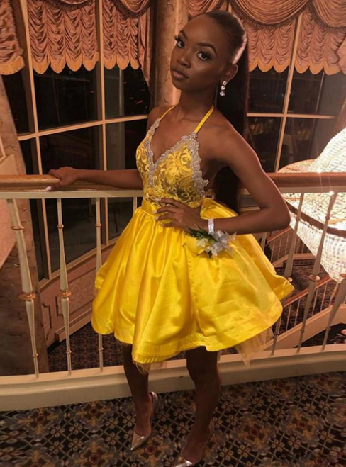 Shop For The Perfect A-Line Yellow Satin Halter Backless Mini Appliques Beads Homecoming Dresses 