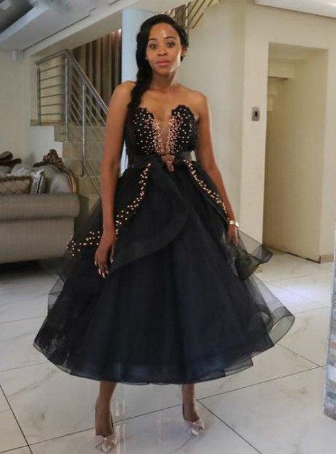 100% Custom Made Black Ball Gown Tulle Sweetheart Beading Tea Length Prom Dress