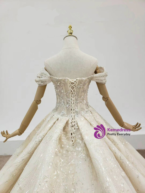 Off Shoulder Applique Long Sleeves Tulle Slit Dress Champagne main image 1