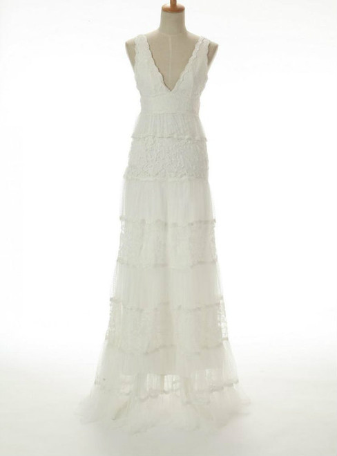 Hot Sale A-line V-neck Cascade Gorgeous Lace Wedding Dresses