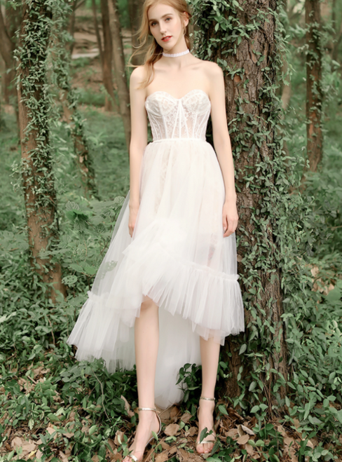 White Tulle Lace Hi Lo Sweetheart Short Wedding Dress