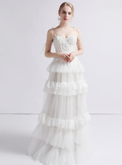 Ivory White Tulle Lace Appliques Spaghetti Straps Wedding Dress