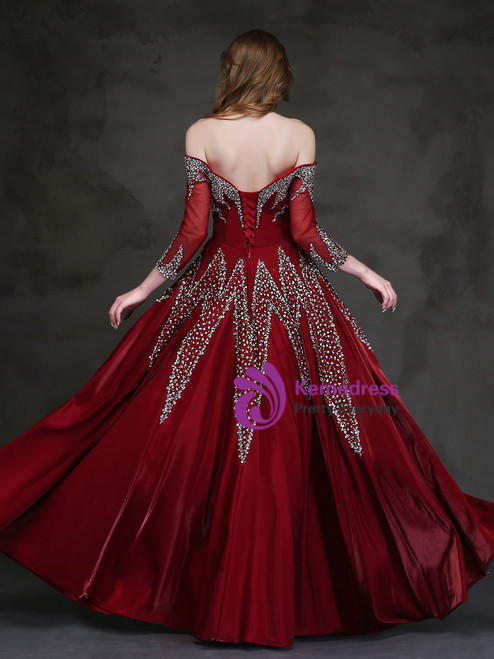 Modern Burgundy Long Sleeves Prom Dress with Off-the-Shoulder Split and Beadings