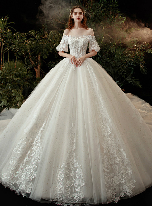 Ball Gown Tulle Off the Shoulder Appliques Puff Sleeve Wedding Dress