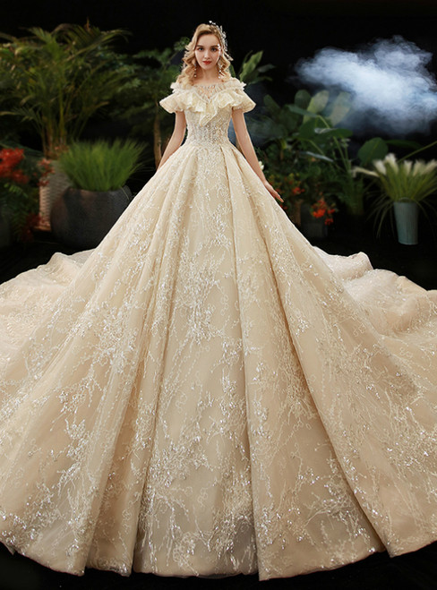 Dark Champagne Tulle Sequins Bateau Backless Beading Wedding Dress