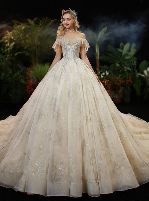 Fashion Champagne Tulle Sequins Off the Shoulder Beading Wedding Dress