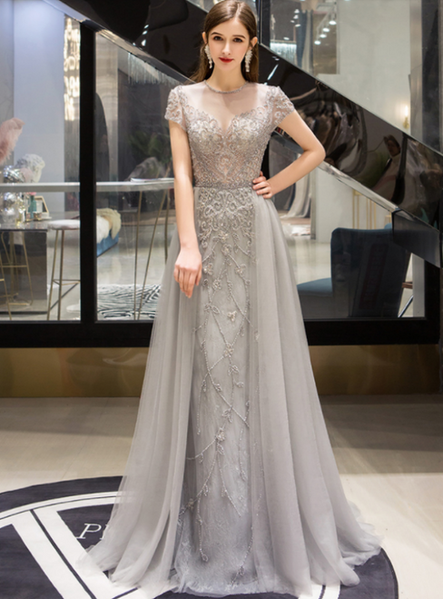 Silver Gray Tulle Cap Sleeve Beading Sequins Prom Dress