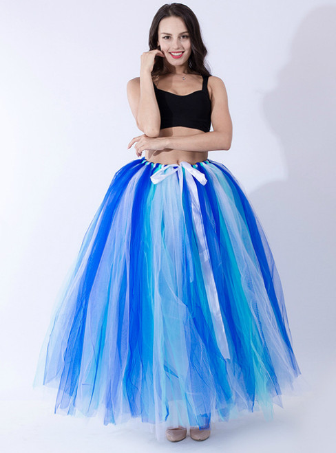 Royal Blue+Green+White Tulle Long Tutu Skirt