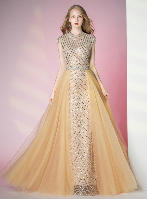 Gold Sheath Cap Sleeve Beading Crystal Prom Dress