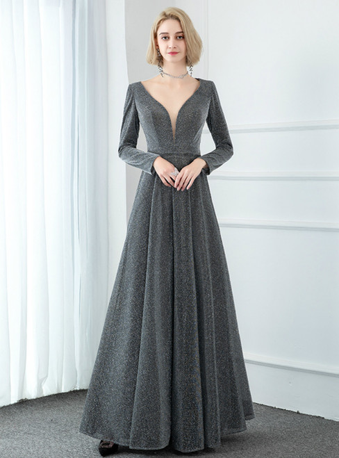 A-Line Gray V-neck Long Sleeve Party Prom Dress