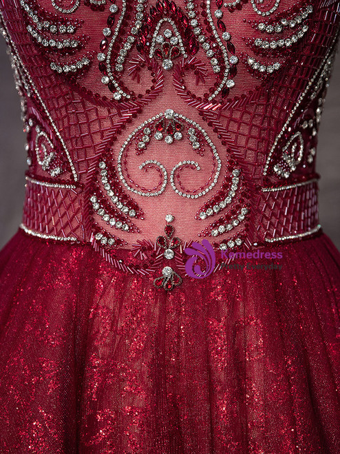 V-neck Burgundy Sequins A-line Prom Dress with Bubble Sleeves