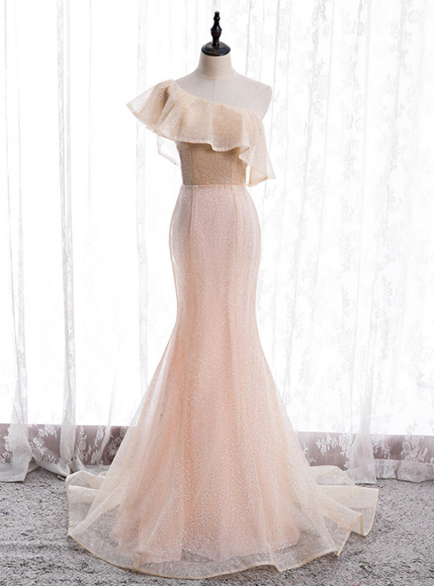 Champagne Pink Mermaid Sequins One Shoulder Prom Dress
