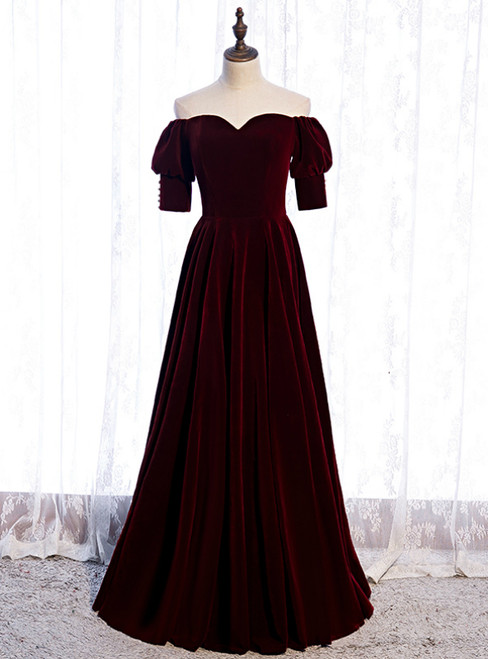 Dark Burgundy Velvet Off The Shoulder Short Sleeve Prom Dress 2020 5922