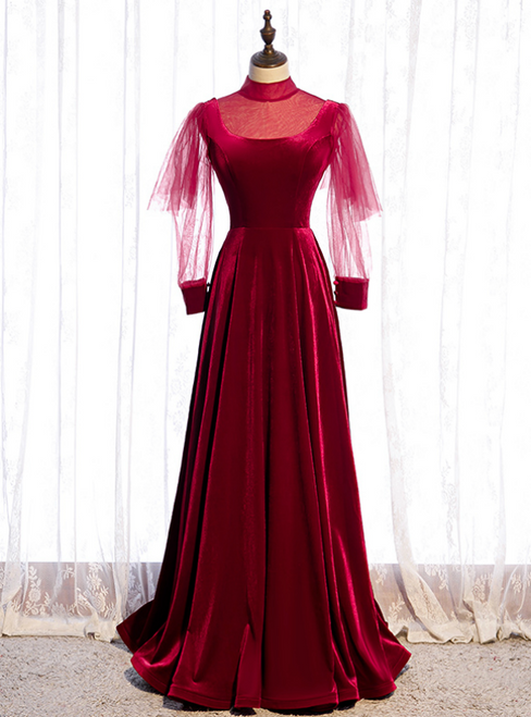 Burgundy Velvet Long Sleeve High Neck Backless Prom Dress