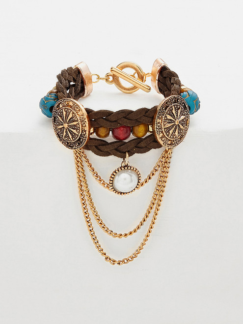 Faux Pearl & Chain Detail Woven Bracelet