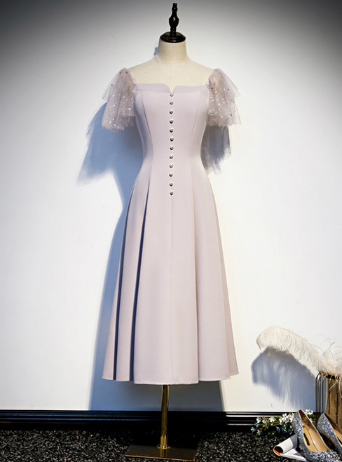 Pink Satin Square Short Sleeve Tea Length Prom Dress