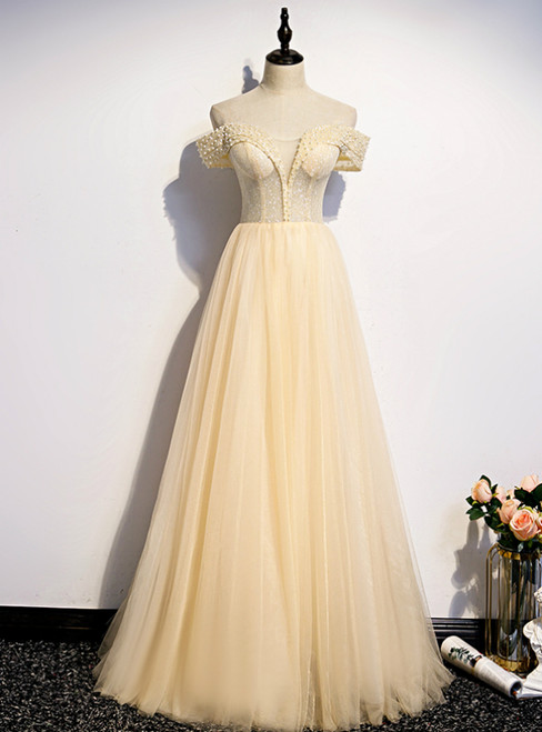 Champagne Tulle Sequins Off the Shoulder Pearls Prom Dress
