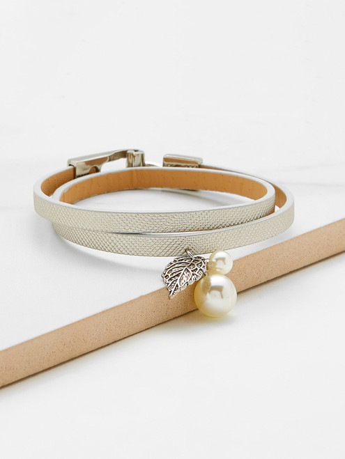 Faux Pearl Detail Double Layer PU Bracelet