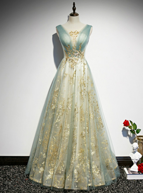 Blue Gold Tulle Sequins V-neck Pleats Prom Dress